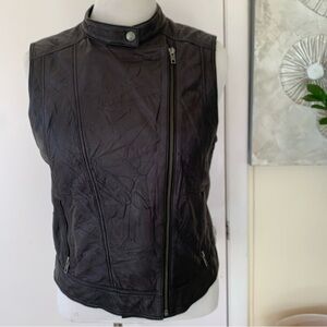 Halogen Crinkled Genuine 100% Pure Leather Black Moto Biker Zip Vest  Size Large